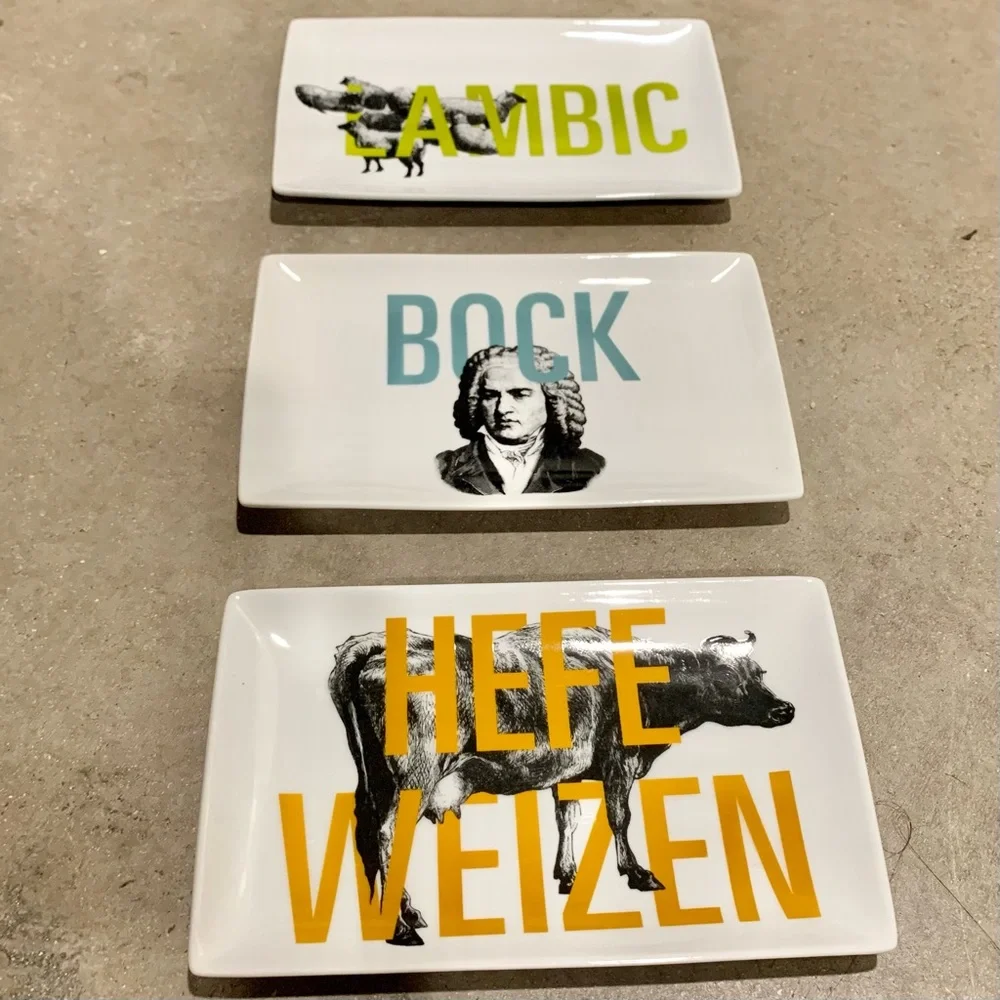 Crate&Barrel Set of 3 Beer Rectangle Plates Bock/Hefeweizen/ Lambic